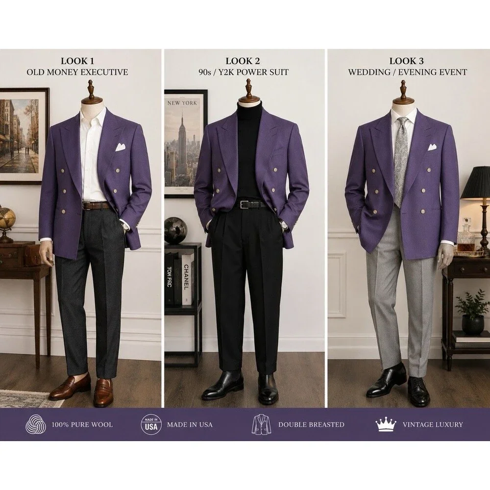 Bachrach Mens Purple Double Breasted Blazer Jacket 100%wool Peak Lapel VTG USA